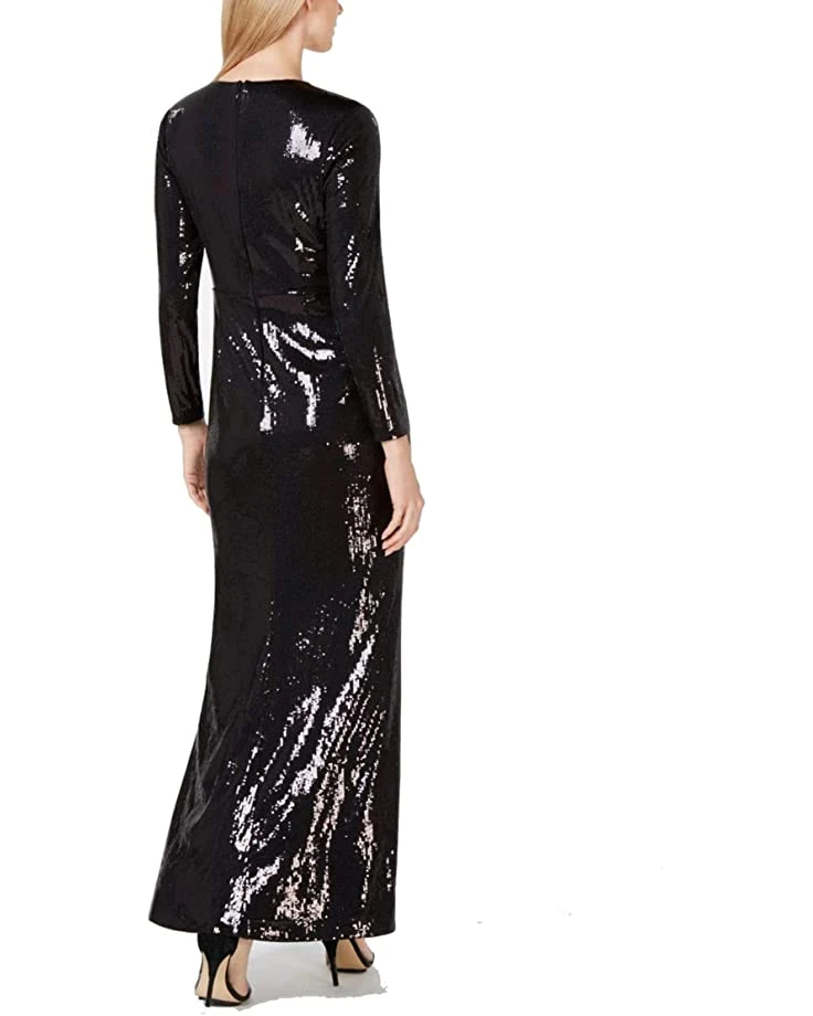 Calvin Klein Women's Long Sleeve Sequin Gown with Cross Front V Neckline | Dresses 2 Calvin Klein Women's Long Sleeve Sequin Gown with Cross Front V Neckline | Dresses - Image 2