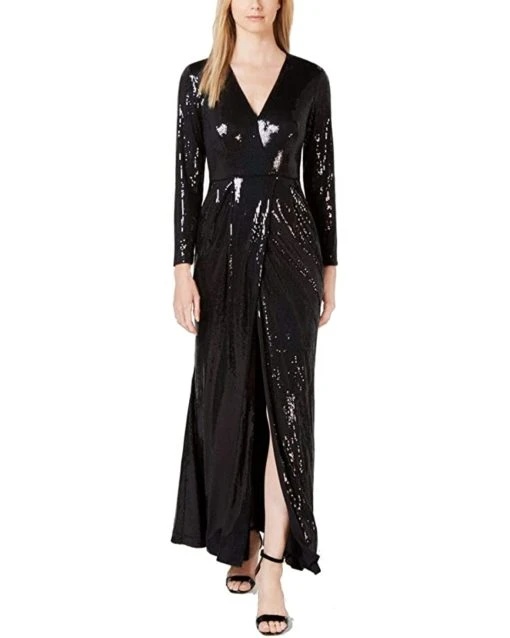Calvin Klein Women's Long Sleeve Sequin Gown with Cross Front V Neckline | Dresses -Calvin Klein Sales Shop 61I0ljGACxL. AC SR736920