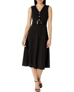 Calvin Klein Women's V-Neck Midi Dress with Center Button Bodice and Belt | Dresses
