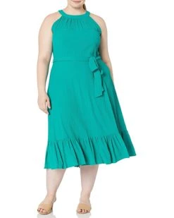 Calvin Klein Women's Plus Size Midi Dress with Halter Tie Neck and Self Sash | Dresses