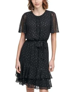 Calvin Klein Women's Flutter Sleeve Dress with Lurex Hem Detail | Dresses