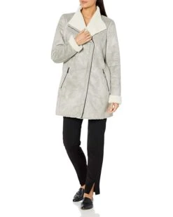 Calvin Klein Womens Aysemetrical Zip Faux Shearling Coat | Coats & Outerwear