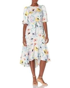 Calvin Klein Women's High Low Dress with Flounce Skirt and Puff Sleeves | Dresses