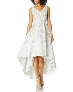 Calvin Klein Women's Sleeveless V-Neck High Low Hem Gown in Metallic Lace Fabric | Dresses