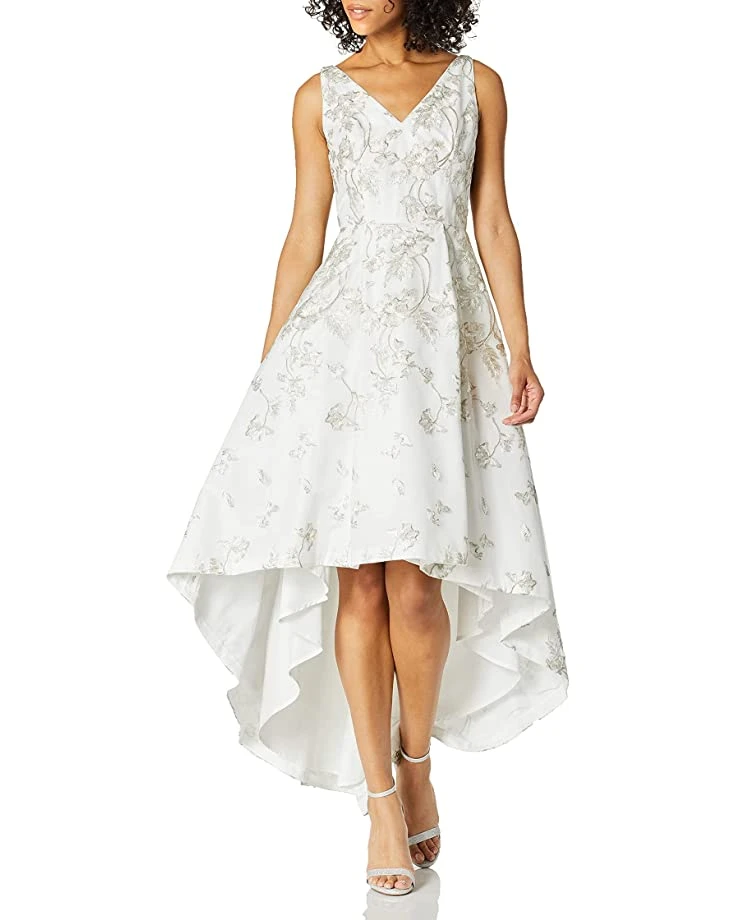 Calvin Klein Women's Sleeveless V-Neck High Low Hem Gown in Metallic Lace Fabric | Dresses 1 Calvin Klein Women's Sleeveless V-Neck High Low Hem Gown in Metallic Lace Fabric | Dresses