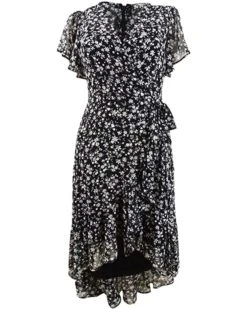 Calvin Klein Women's Petite Flutter Sleeve A-line Dress with Surplice Neckline | Dresses