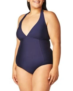 Calvin Klein Women's Halter Top Pleated One Piece Swimsuit with Removable Cups | Swimwear