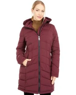Calvin Klein Zip Front Stretch Walker Length Coat with Hood and Side Pockets | Coats & Outerwear