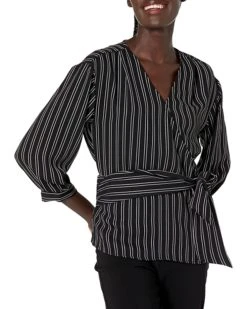 Calvin Klein Women's Stripe 3/4 Sleeve Wrap Top with Belt | Shirts & Tops