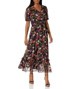 Calvin Klein Women's Short Sleeve V Neck Maxi Dress with Self-sash Waist | Dresses