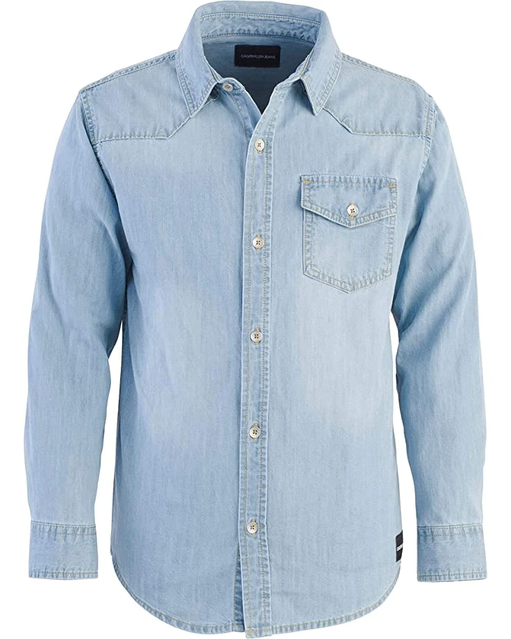 Calvin Klein Big Long Sleeve Denim Button-Down Shirt Functional Chest Pocket | Shirts & Tops 1 Calvin Klein Big Long Sleeve Denim Button-Down Shirt Functional Chest Pocket | Shirts & Tops