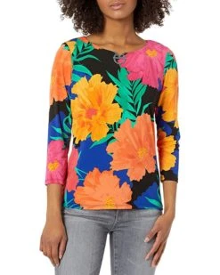 Calvin Klein Women's Printed 3/4 Sleeve Top with Logo at The Neck | Shirts & Tops