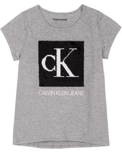 Calvin Klein Girls' Short Sleeve Flippable Sequin Crew T-Shirt, Logo Detailing & Tagless Neck Label, S21 Grey Heather Flip, M8/10 | Shirts & Tops