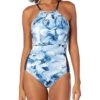 Calvin Klein Women's Solid High Neck Pleated One Piece Swimsuit | Swimwear