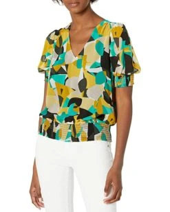 Calvin Klein Women's Printed Short Sleeve V Neck Blouse with Smocking | Shirts & Tops